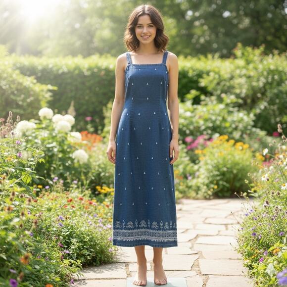 Vintage 90s FACETS Denim Maxi Dress Embroidered Cottagecore Square Neck Sz 14 - Picture 1 of 16